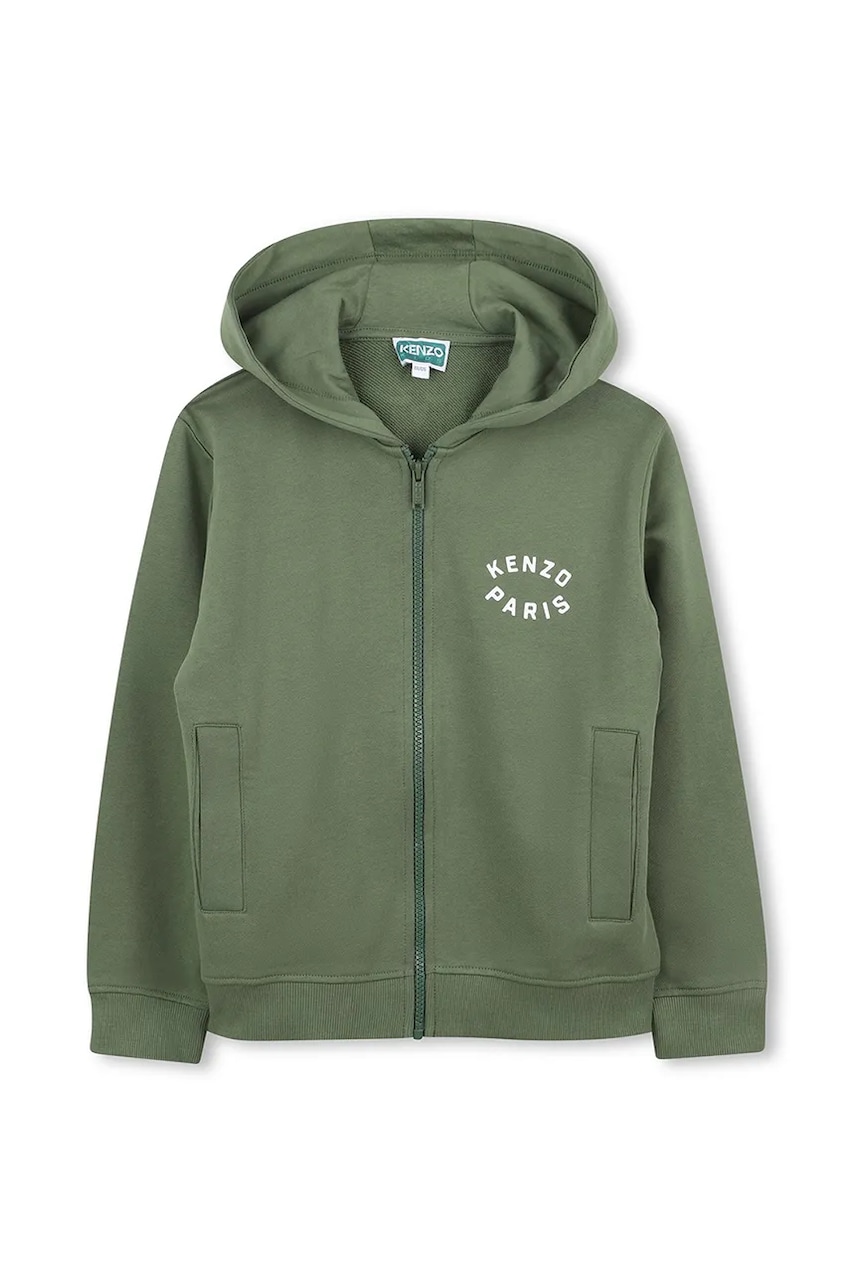 Kenzo Kids hanorac de bumbac pentru copii culoarea verde, cu glugă, neted, K61190