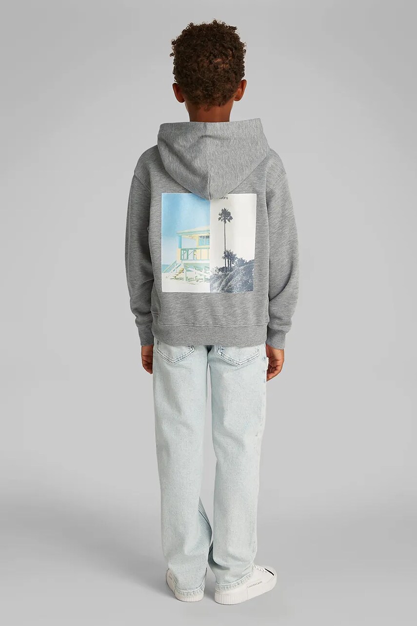 Levně Dětská bavlněná mikina Calvin Klein Jeans šedá barva, s kapucí, hladká, IB0IB02468