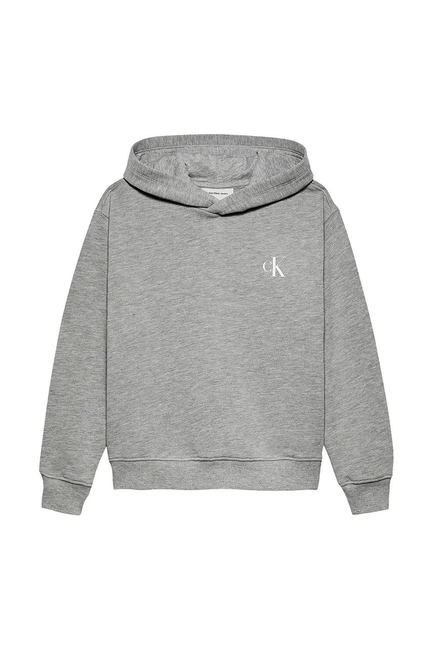 Детская хлопковая кофта Calvin Klein Jeans цвет серый с капюшоном однотонная IB0IB02468