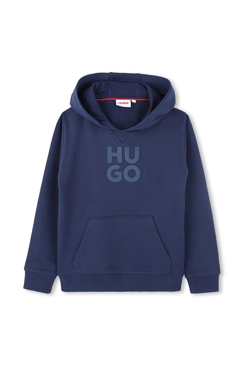 Детская хлопковая кофта HUGO цвет синий с капюшоном с аппликацией G00349