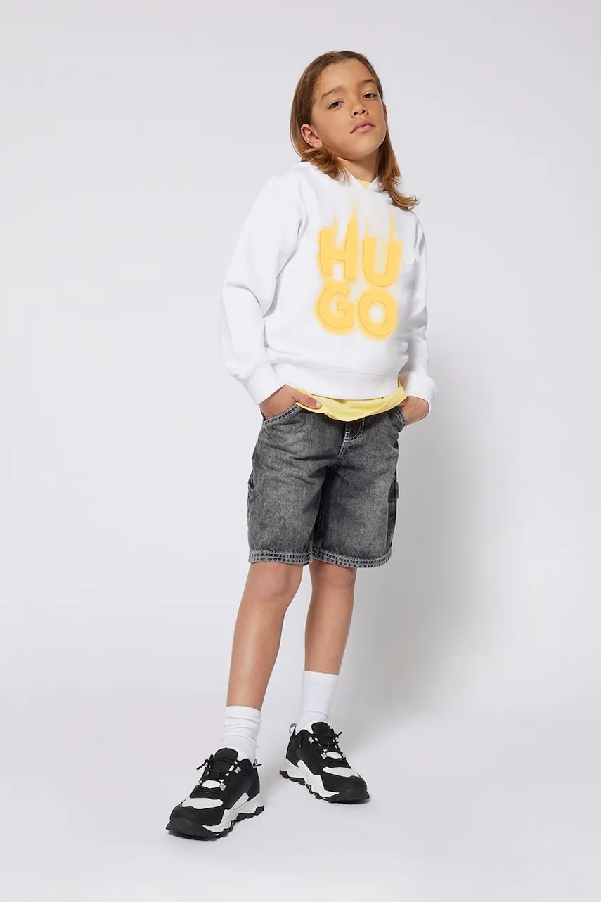 HUGO bluza copii culoarea alb, cu gluga, cu imprimeu, G00354