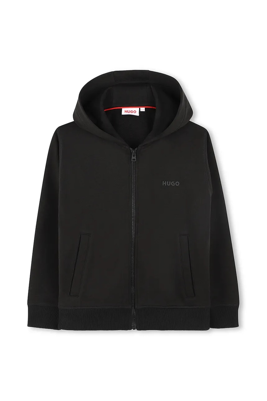 HUGO bluza copii culoarea negru, cu glugă, neted, G00355