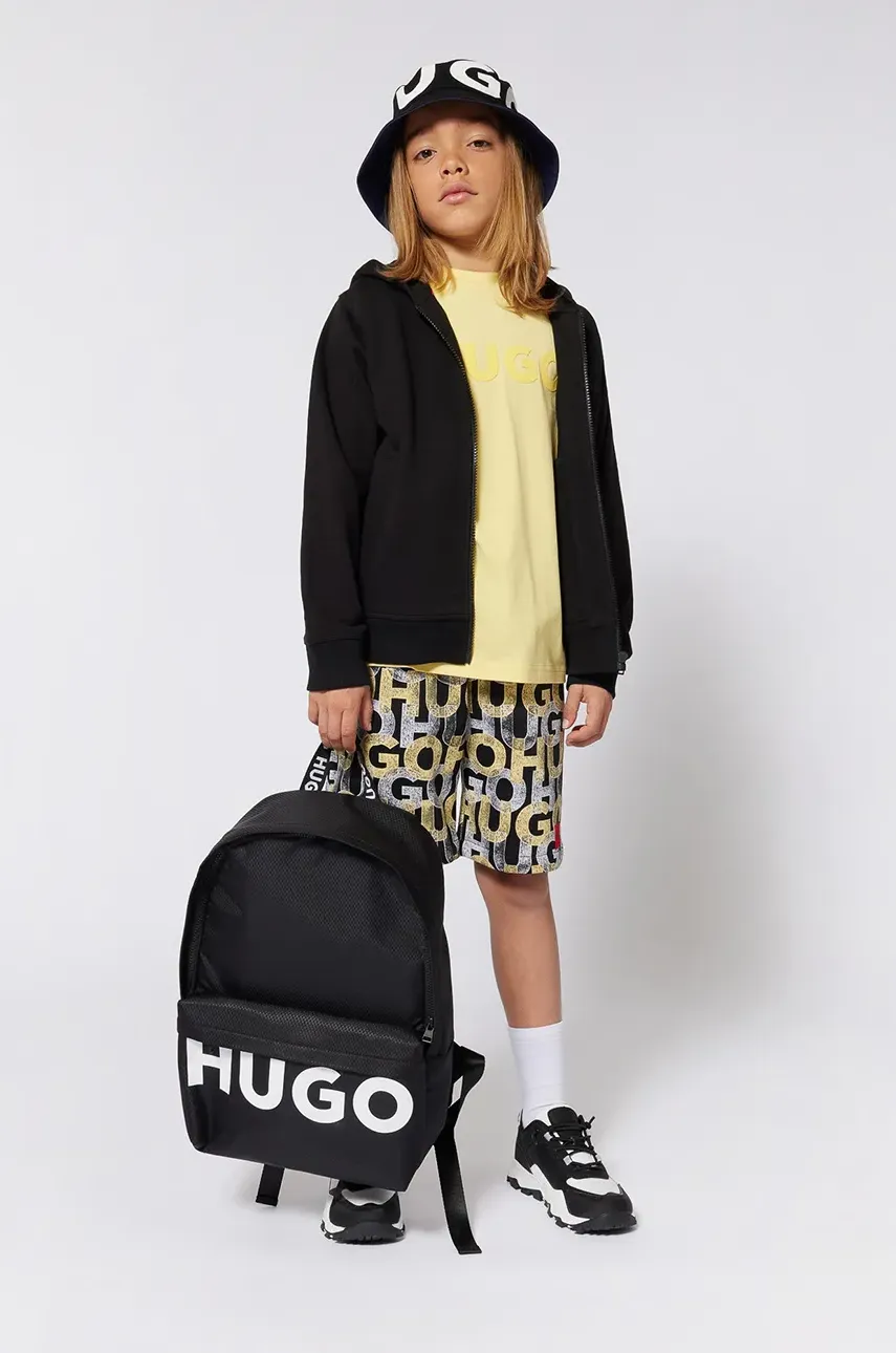 HUGO bluza copii culoarea negru, cu glugă, neted, G00355