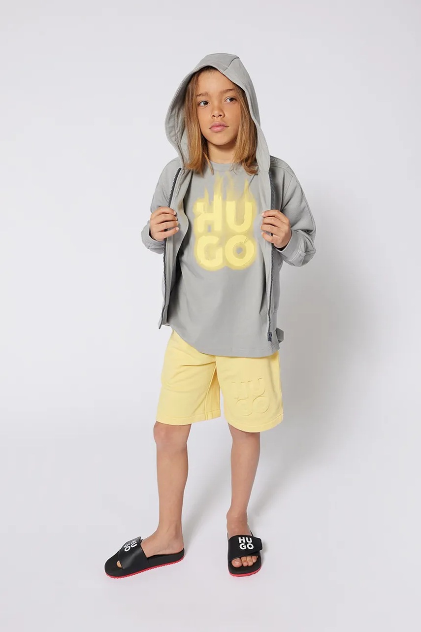 HUGO bluza copii culoarea gri, cu glugă, neted, G00360