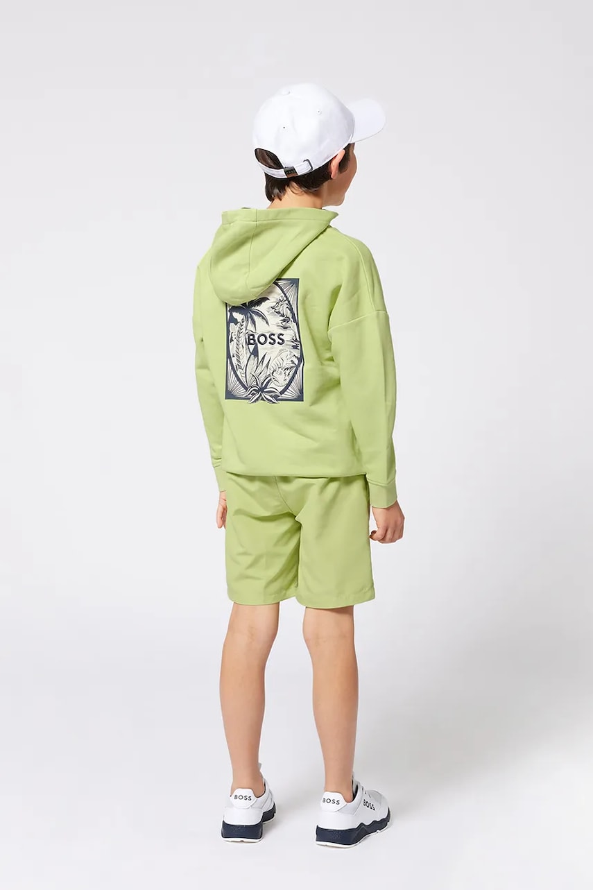 BOSS bluza copii culoarea verde, cu glugă, cu imprimeu, J52235