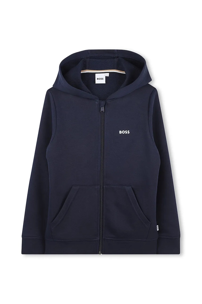 BOSS bluza copii culoarea albastru marin, cu glugă, neted, J51958
