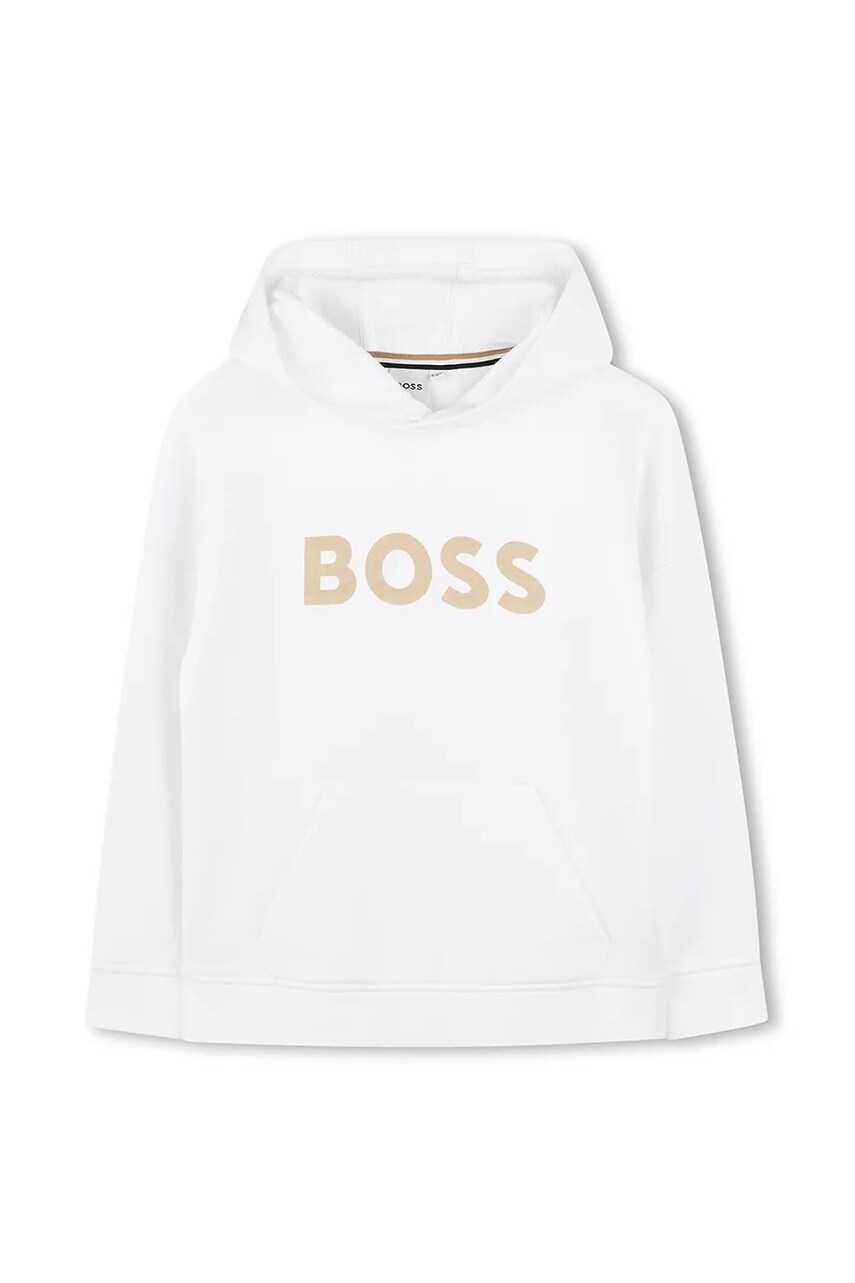 BOSS bluza copii culoarea alb, cu glugă, cu imprimeu, J52027