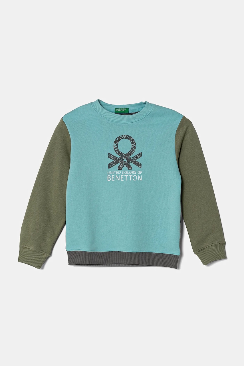 United Colors of Benetton hanorac de bumbac pentru copii culoarea turcoaz, cu imprimeu, 3J70G10HW