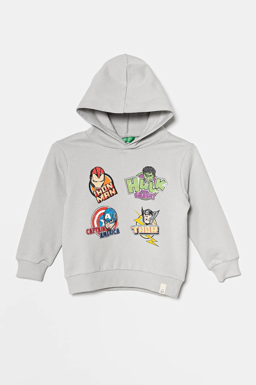 United Colors of Benetton hanorac de bumbac pentru copii culoarea gri, cu glugă, cu imprimeu, 3PQMG2012