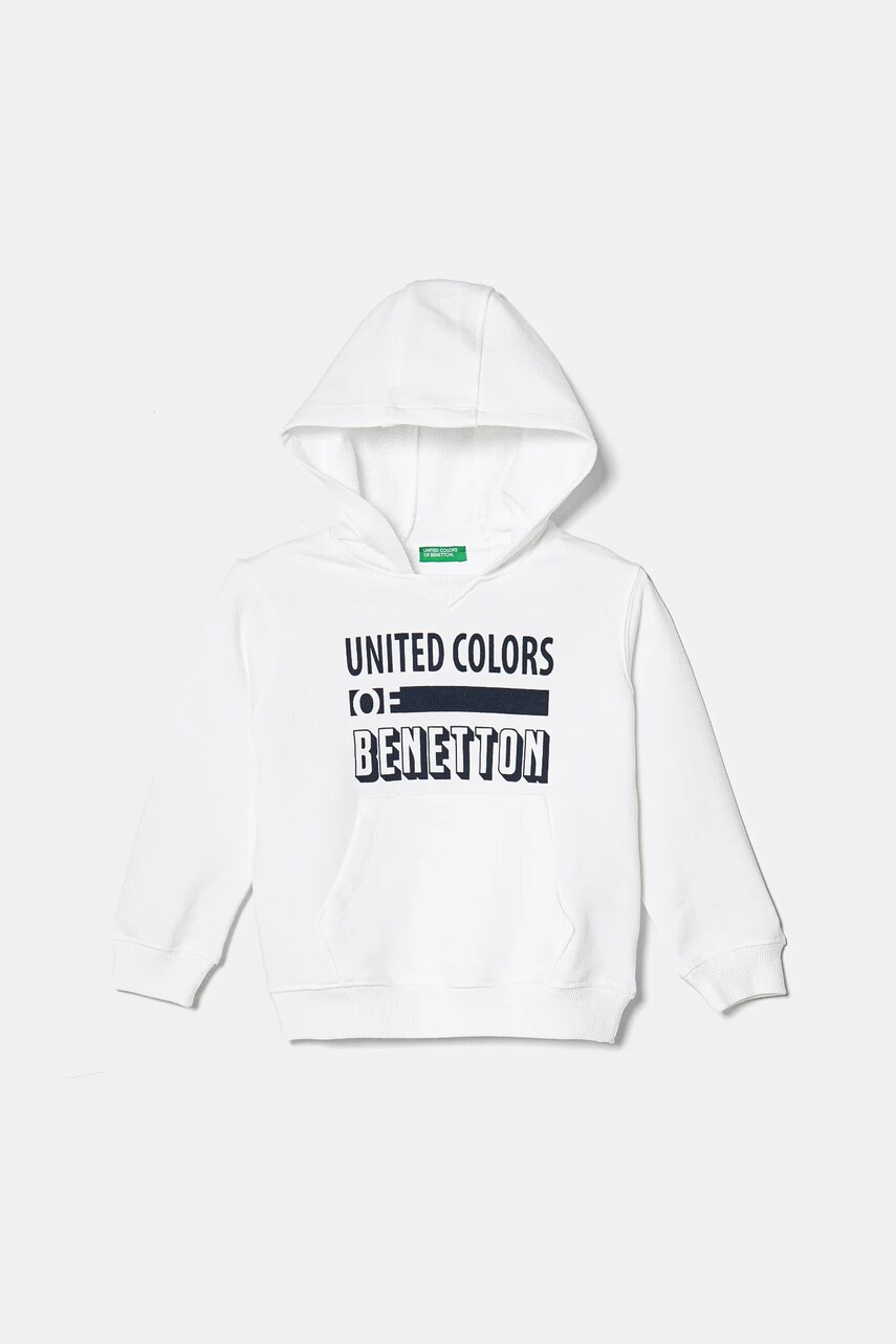 United Colors of Benetton hanorac de bumbac pentru copii culoarea alb, cu gluga, cu imprimeu, 3J68G2011