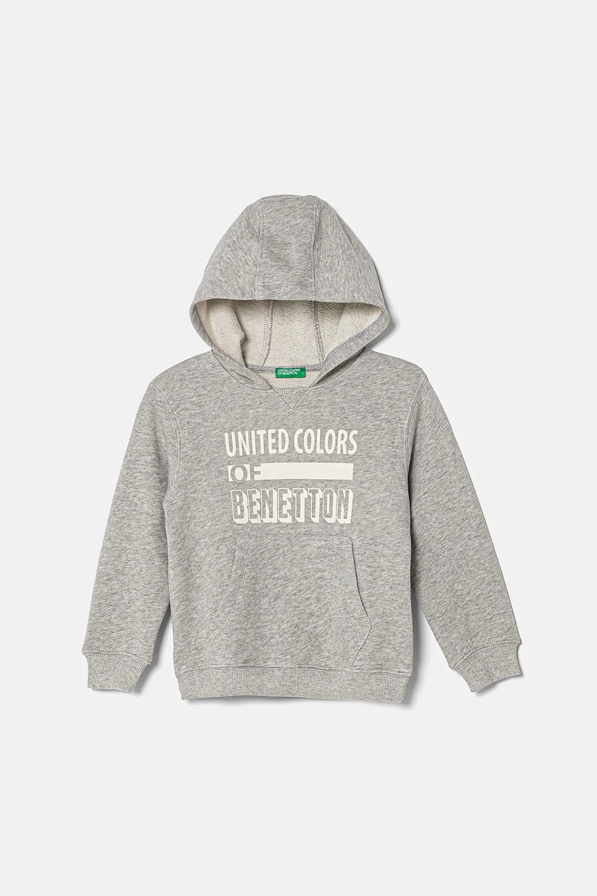 United Colors of Benetton hanorac de bumbac pentru copii culoarea gri, cu glugă, cu imprimeu, 3J68G2011