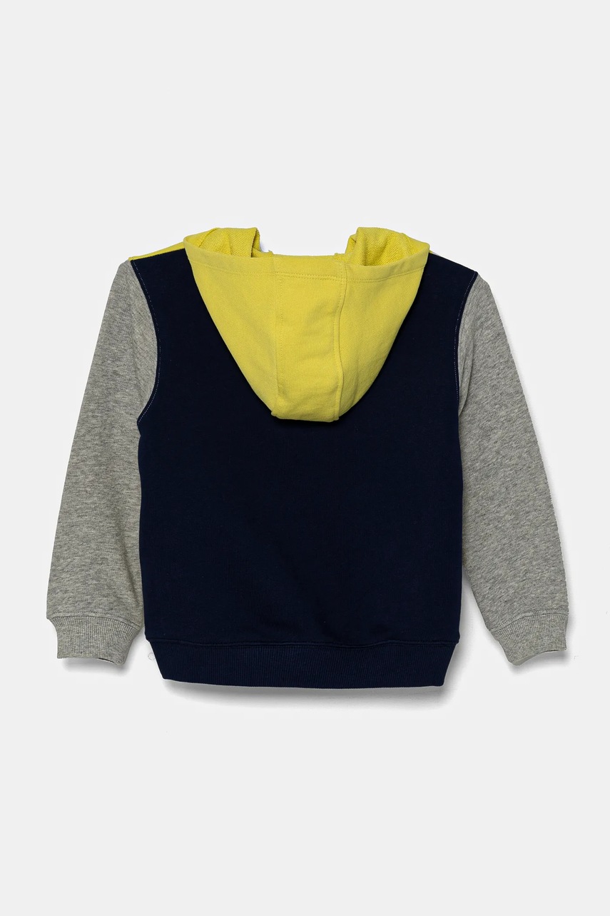 Детская хлопковая кофта United Colors of Benetton цвет жёлтый с капюшоном с принтом 3J68G2011 Детская хлопковая кофта United Colors of Benetton цвет жёлтый с капюшоном с принтом 3J68G2011