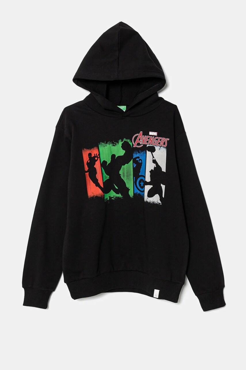 United Colors of Benetton hanorac de bumbac pentru copii x Marvel culoarea negru, cu gluga, cu imprimeu, 3PQMC204F