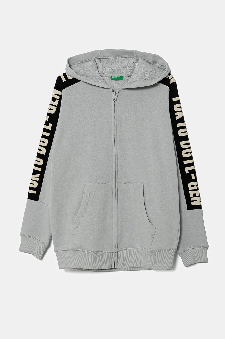 United Colors of Benetton hanorac de bumbac pentru copii culoarea gri, cu gluga, cu imprimeu, 3J68C504R