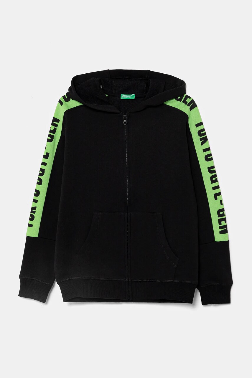 United Colors of Benetton hanorac de bumbac pentru copii culoarea negru, cu glugă, cu imprimeu, 3J68C504R