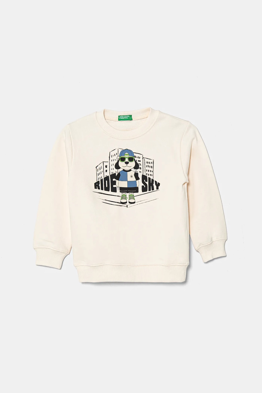 United Colors of Benetton hanorac de bumbac pentru copii culoarea bej, cu imprimeu, 3UNIG10II