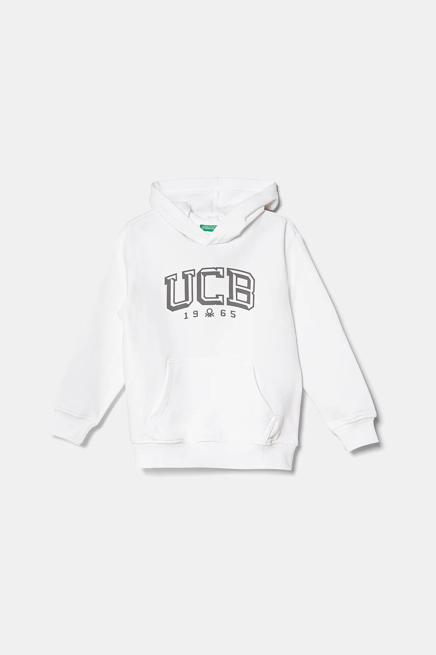 United Colors of Benetton hanorac de bumbac pentru copii culoarea alb, cu gluga, cu imprimeu, 3UNIC204R