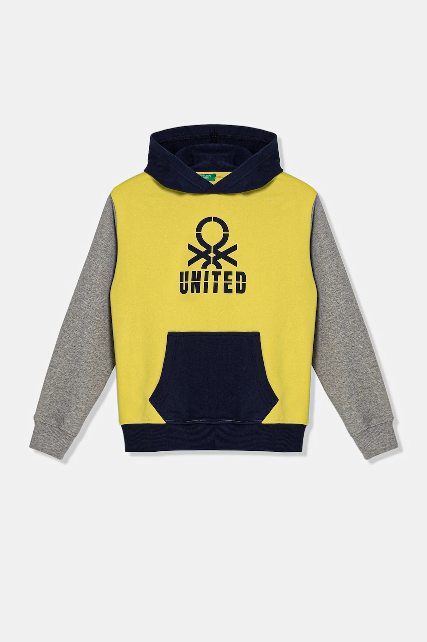 United Colors of Benetton hanorac de bumbac pentru copii culoarea galben, cu gluga, cu imprimeu, 3UNIC204R
