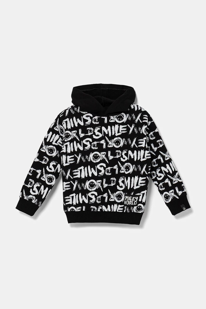 United Colors of Benetton hanorac de bumbac pentru copii culoarea negru, cu gluga, cu imprimeu, 34GTC204K