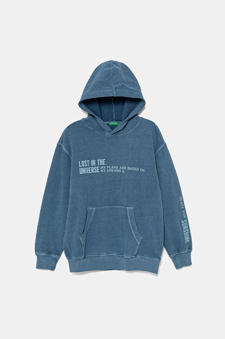 United Colors of Benetton hanorac de bumbac pentru copii cu glugă, cu imprimeu, 3WITC204G