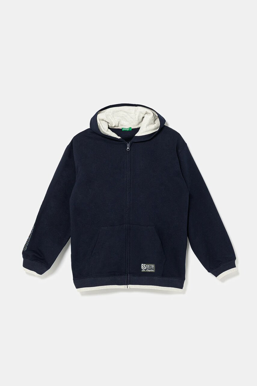 United Colors of Benetton hanorac de bumbac pentru copii culoarea bleumarin, cu glugă, cu imprimeu, 3BC1C504U