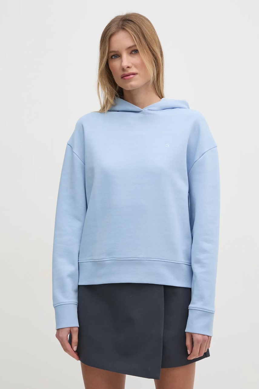 Levně Bavlněná mikina Calvin Klein dámská, modrá barva, s kapucí, s aplikací, K20K208126