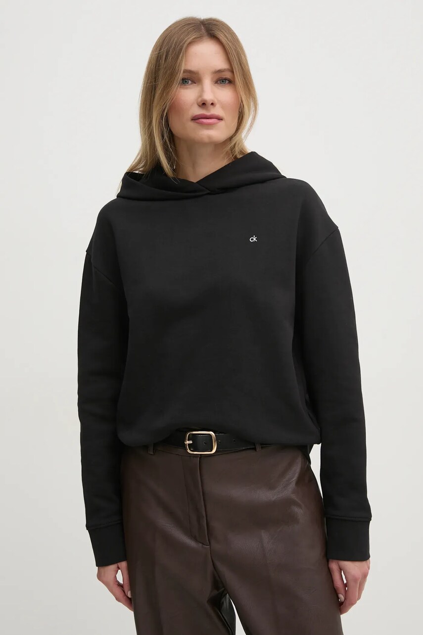 Levně Bavlněná mikina Calvin Klein dámská, černá barva, s kapucí, s aplikací, K20K208126