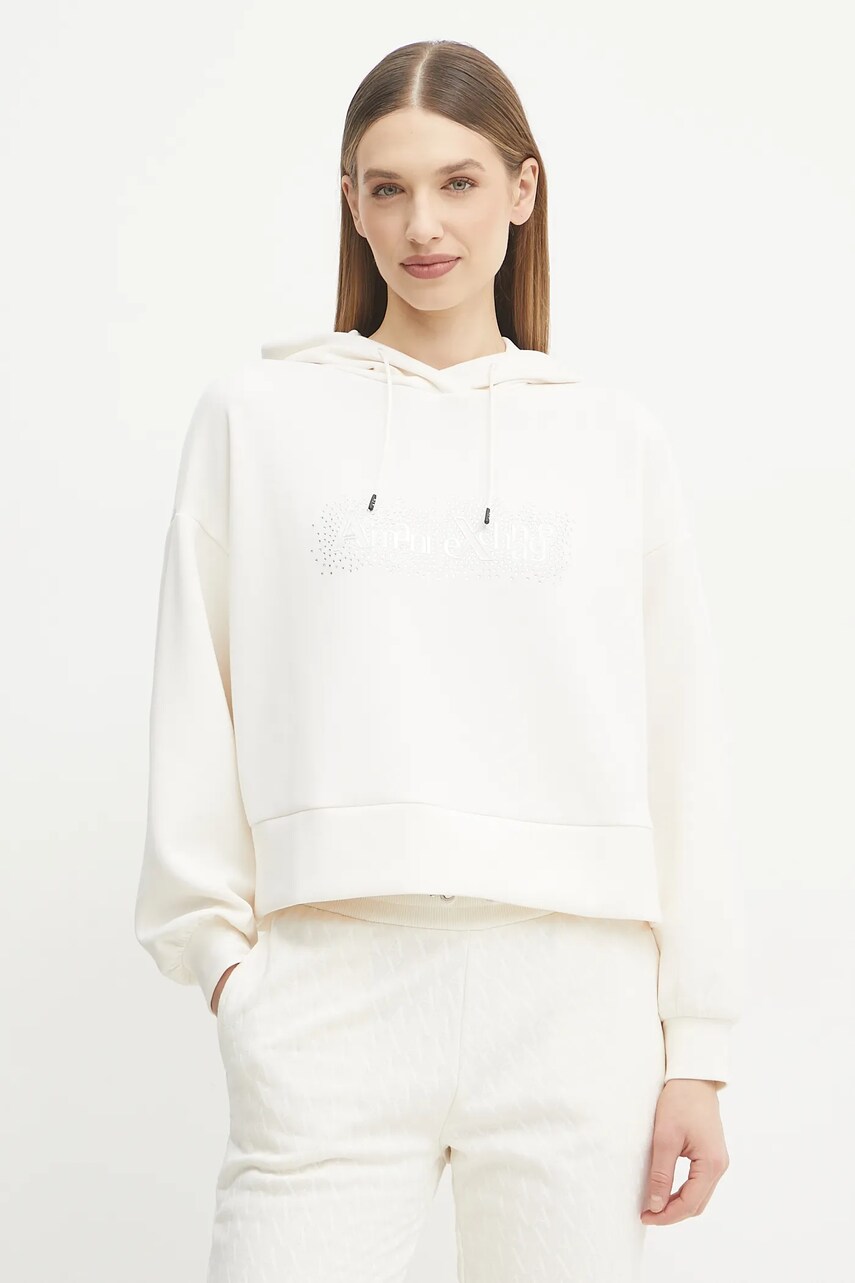 Armani Exchange bluza femei, culoarea bej, cu gluga, cu imprimeu, XW000094 AF10804