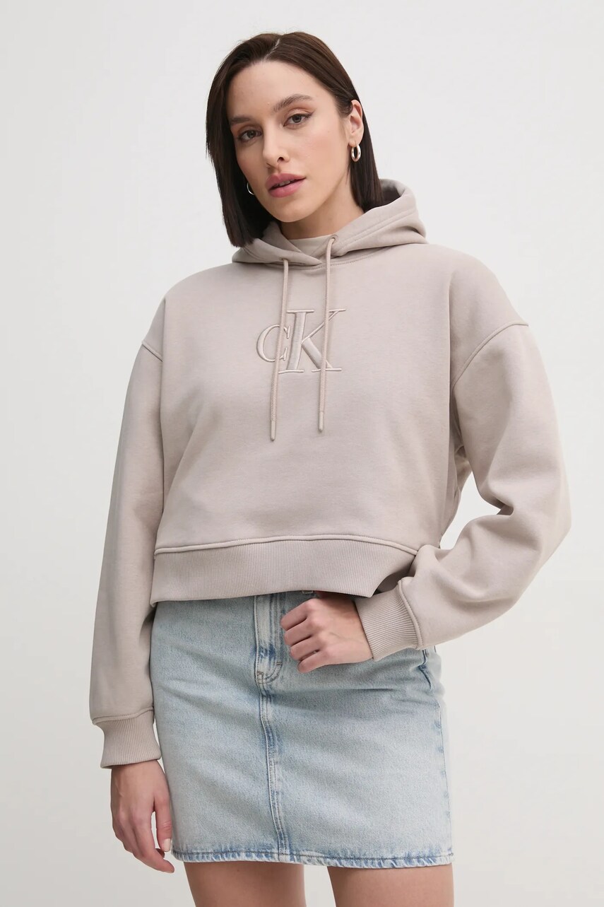 Levně Mikina Calvin Klein Jeans dámská, béžová barva, s kapucí, s aplikací, J20J224718