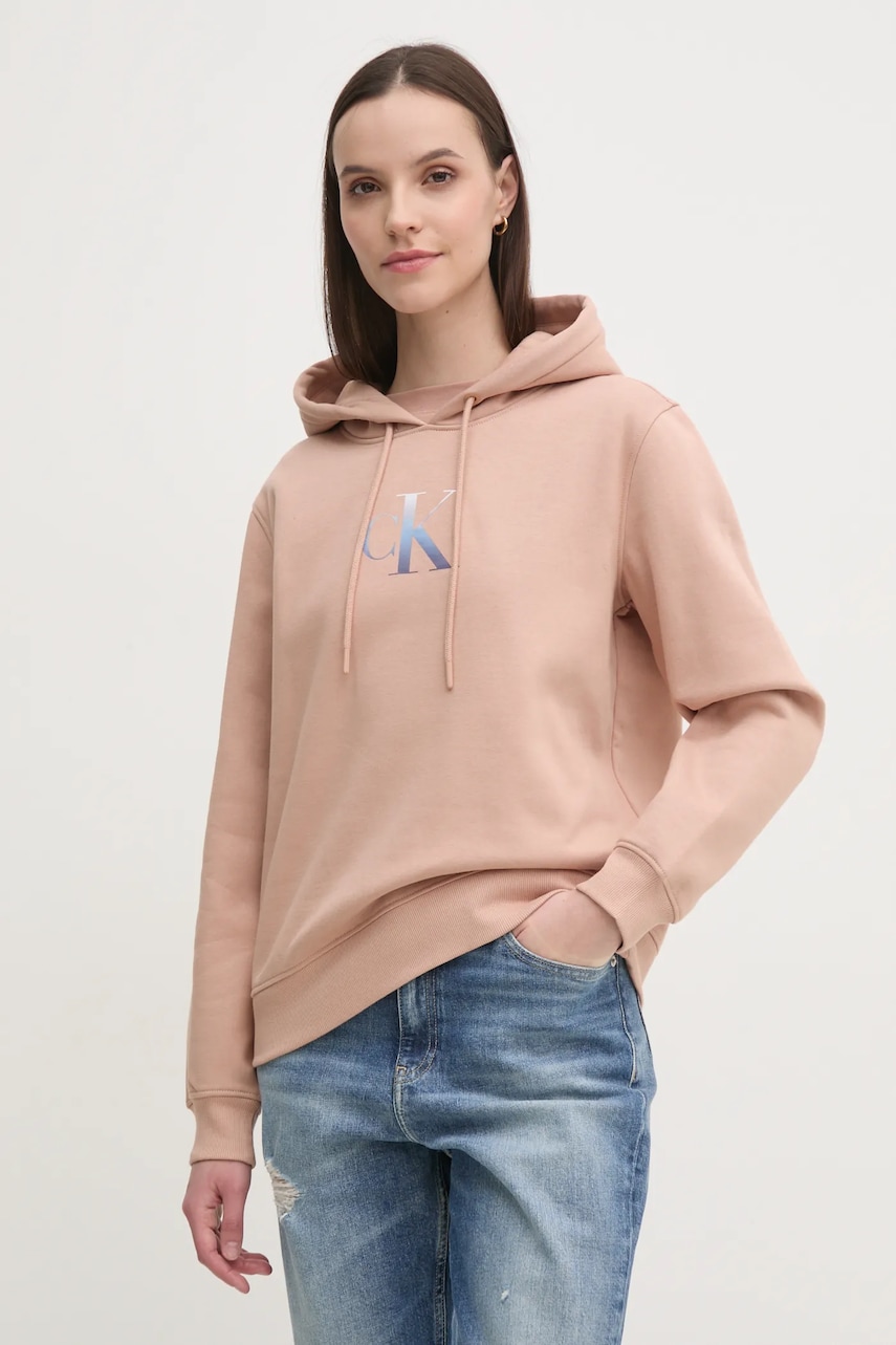 Mikina Calvin Klein Jeans dámská, oranžová barva, s kapucí, s potiskem, J20J224721