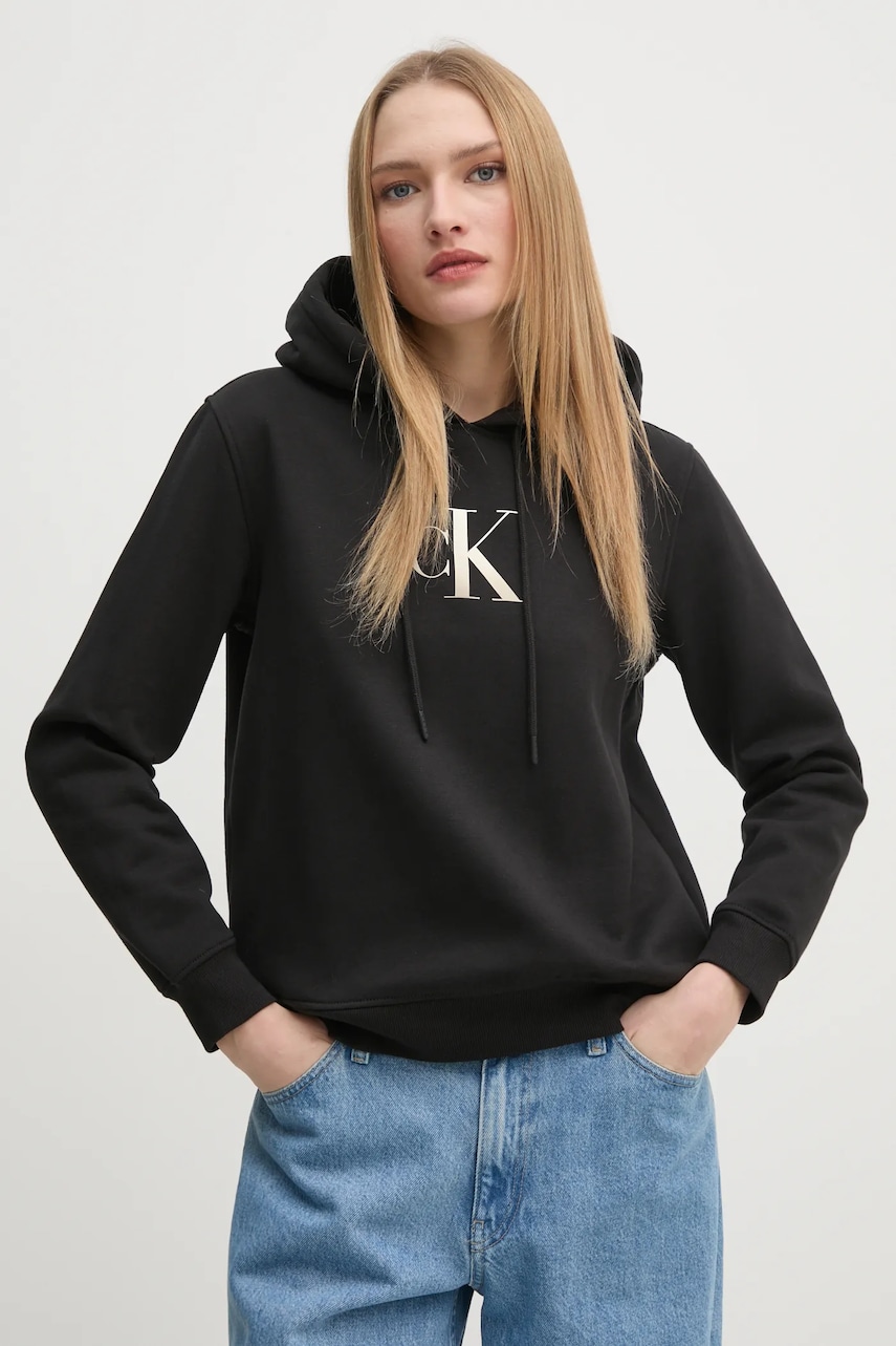 Mikina Calvin Klein Jeans dámská, černá barva, s kapucí, s potiskem, J20J224721