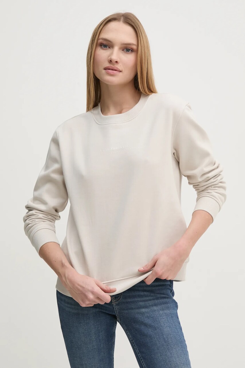 Levně Mikina Calvin Klein Jeans dámská, béžová barva, s potiskem, J20J224731