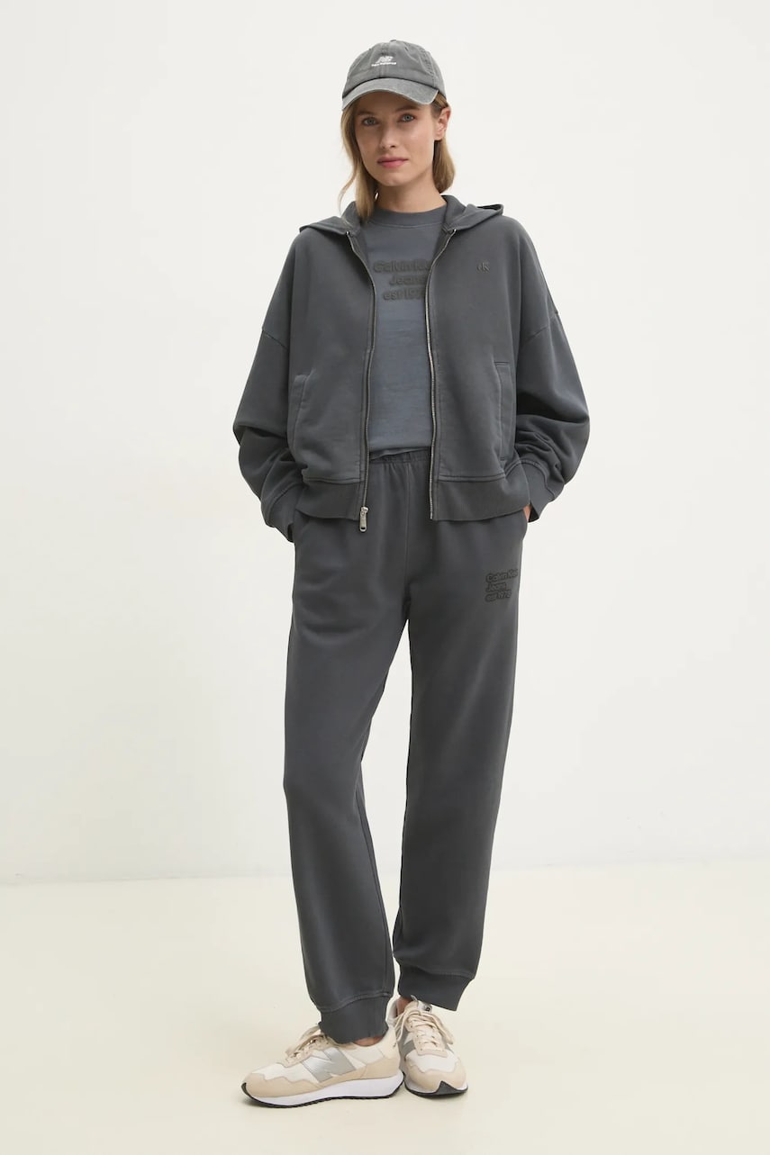 Хлопковая кофта Calvin Klein Jeans женская цвет серый с капюшоном однотонная J20J224733 Хлопковая кофта Calvin Klein Jeans женская цвет серый с капюшоном однотонная J20J224733
