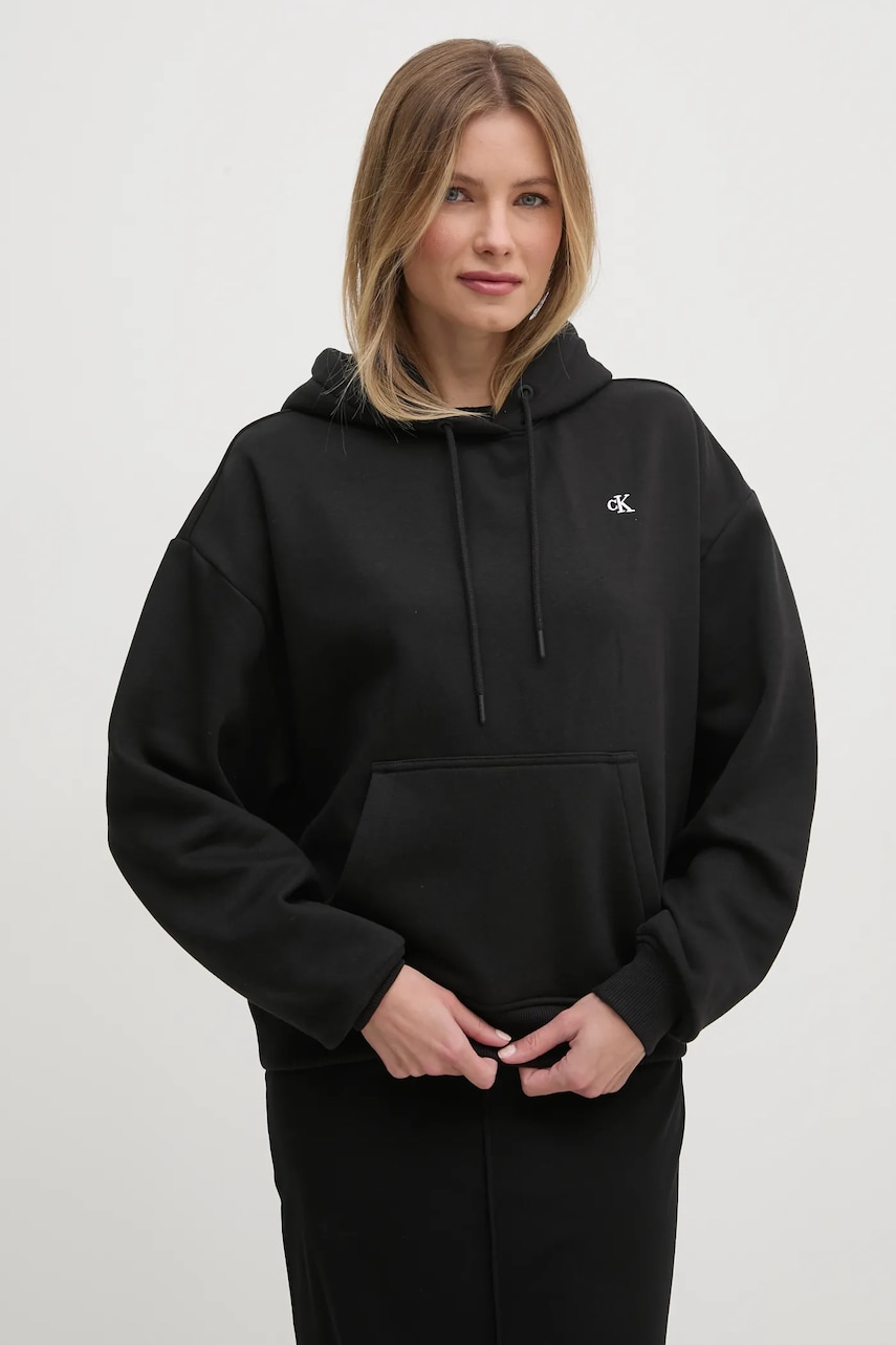 Levně Mikina Calvin Klein Jeans dámská, černá barva, s kapucí, s potiskem, J20J224739