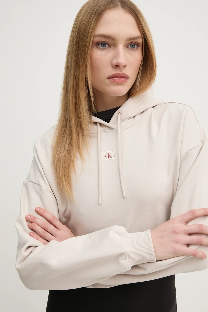 Βαμβακερή μπλούζα Calvin Klein Jeans γυναικεία, χρώμα: μπεζ, με κουκούλα, J20J224746 φωτογραφία