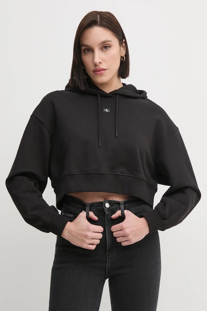 Levně Bavlněná mikina Calvin Klein Jeans dámská, černá barva, s kapucí, hladká, J20J224746