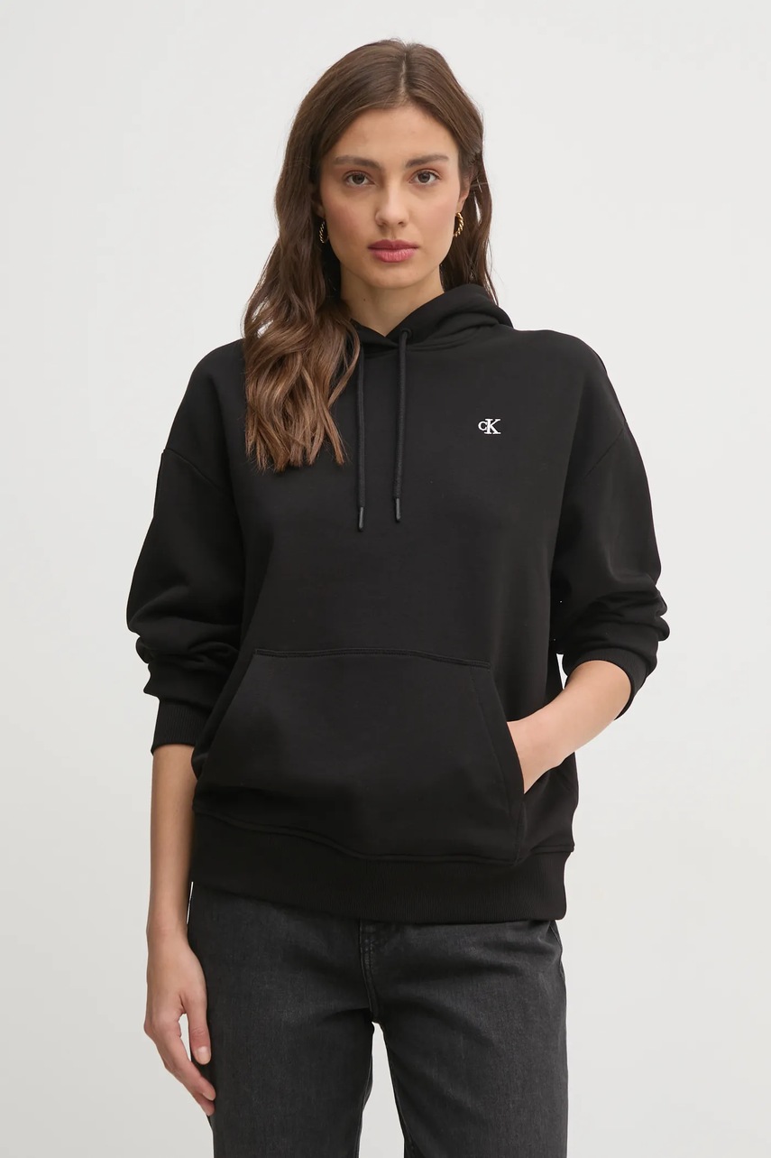 Бавовняна кофта Calvin Klein Jeans жіноча колір чорний з капюшоном з принтом J20J225493 