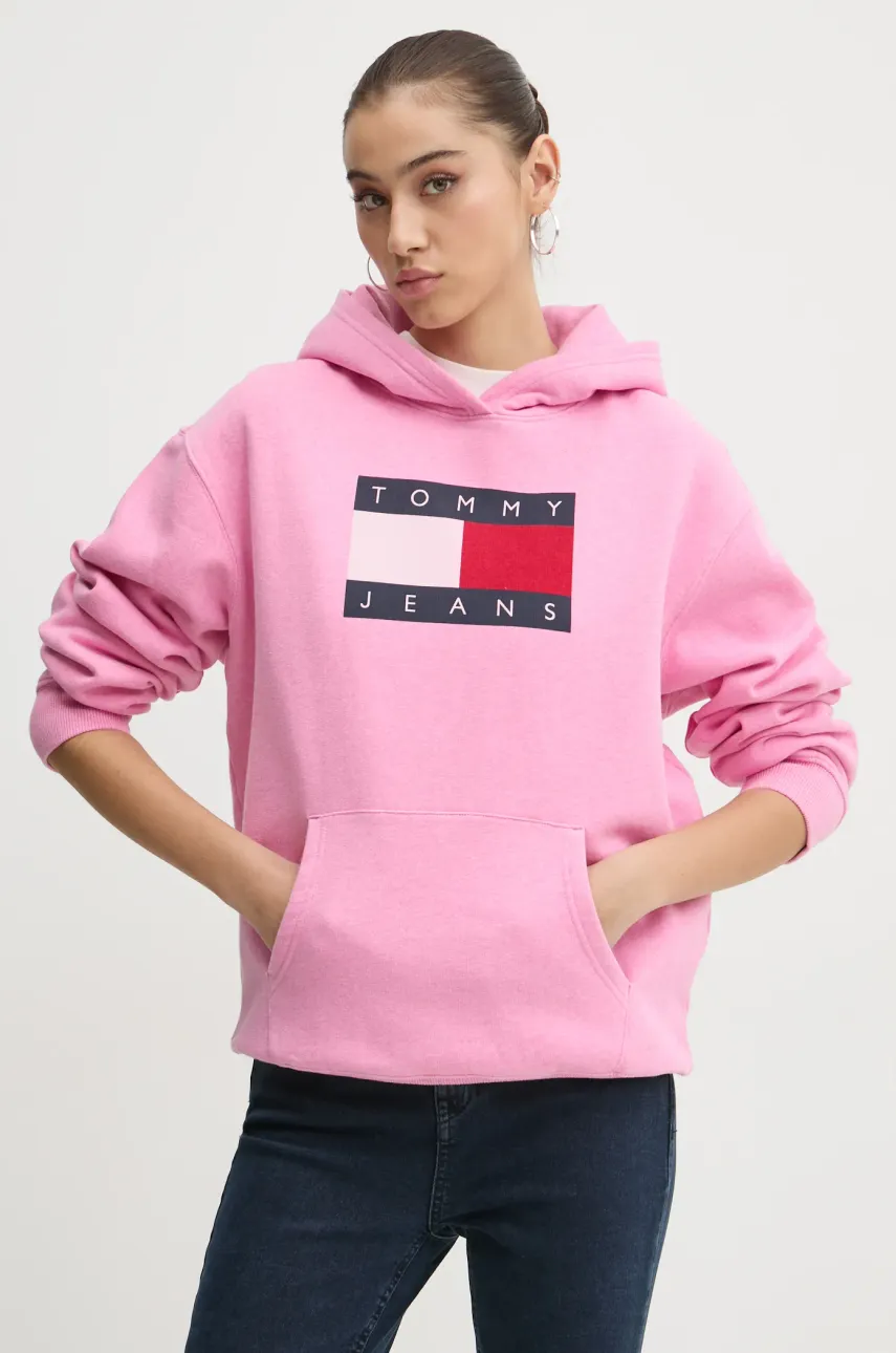 Mikina Tommy Jeans dámská, růžová barva, s kapucí, s potiskem, DW0DW19407