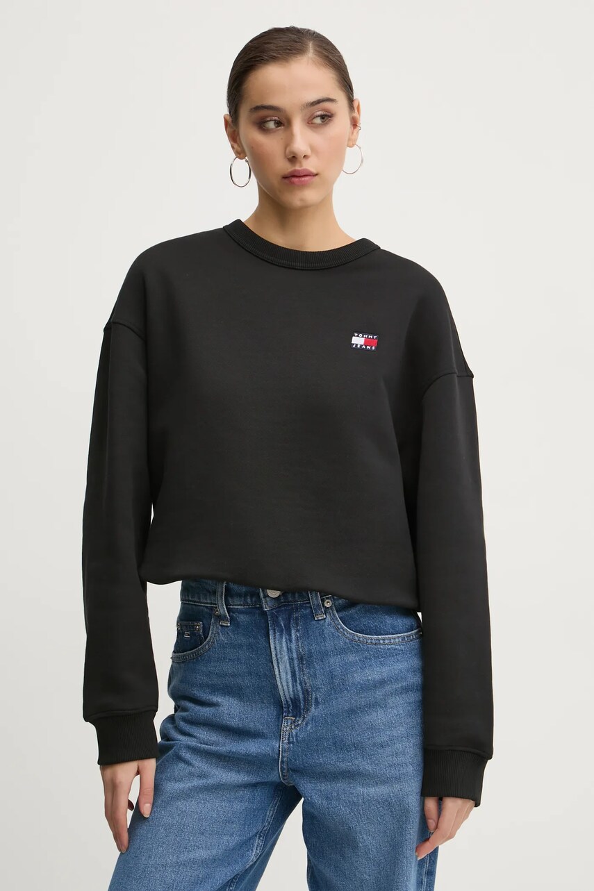 Tommy Jeans hanorac de bumbac femei, culoarea negru, uni, DW0DW19408 Tommy Jeans hanorac de bumbac femei, culoarea negru, uni, DW0DW19408