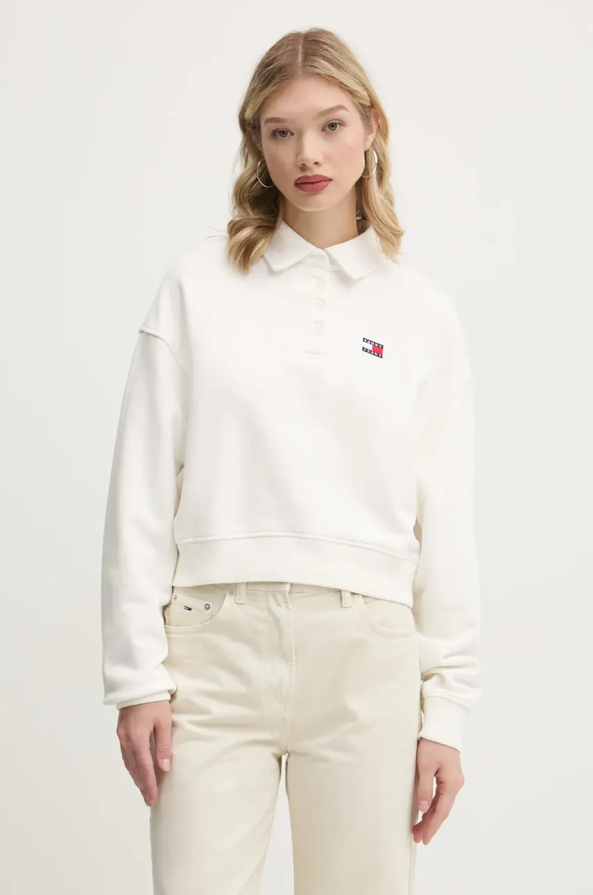 Bavlněná mikina Tommy Jeans dámská, béžová barva, vzorovaná, DW0DW19409