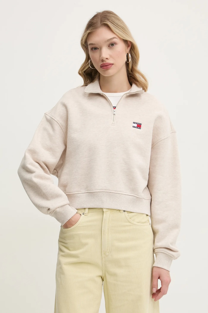 Tommy Jeans hanorac de bumbac femei, culoarea bej, cu imprimeu, DW0DW19410