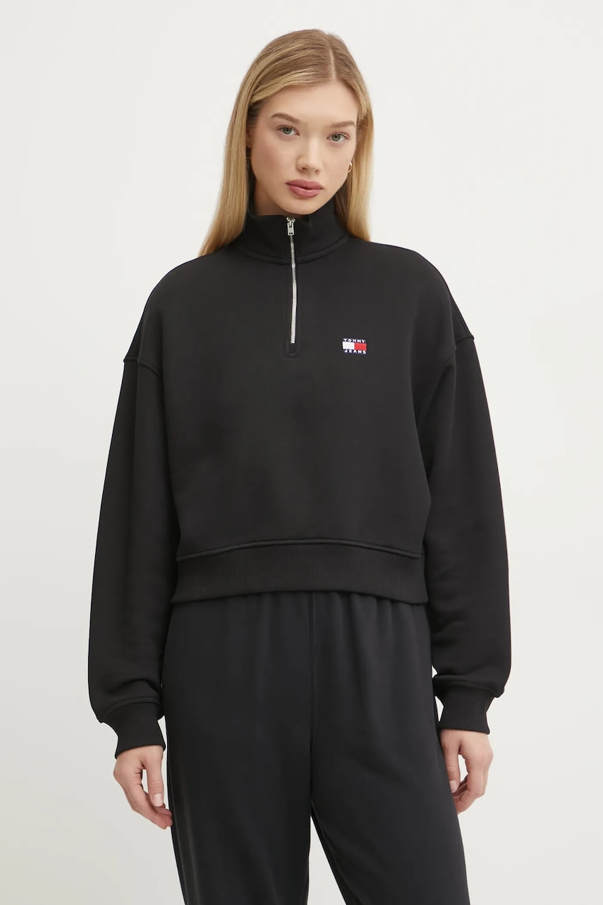 Tommy Jeans hanorac de bumbac femei, culoarea negru, cu imprimeu, DW0DW19410 Tommy Jeans hanorac de bumbac femei, culoarea negru, cu imprimeu, DW0DW19410
