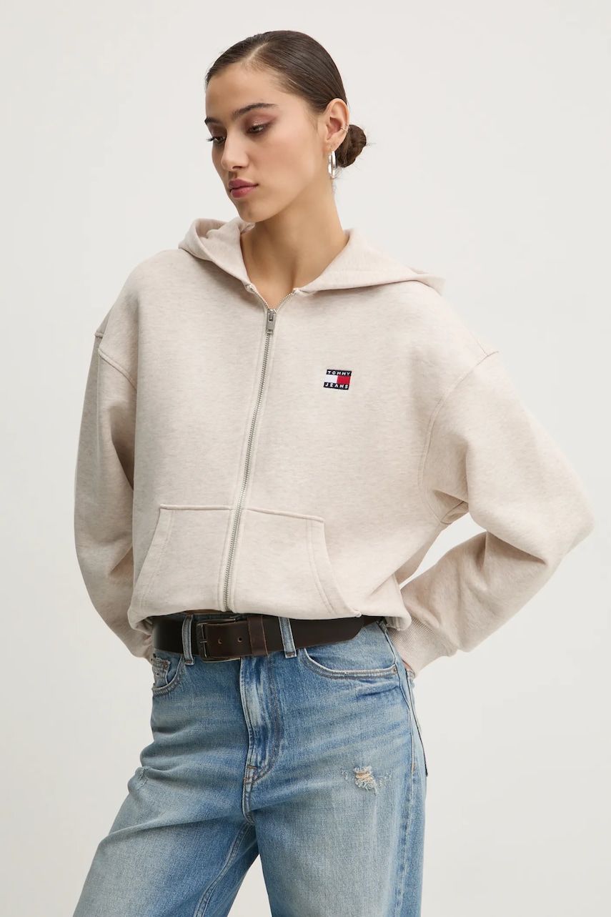 Tommy Jeans hanorac de bumbac femei, culoarea bej, cu glugă, uni, DW0DW19412 Tommy Jeans hanorac de bumbac femei, culoarea bej, cu glugă, uni, DW0DW19412