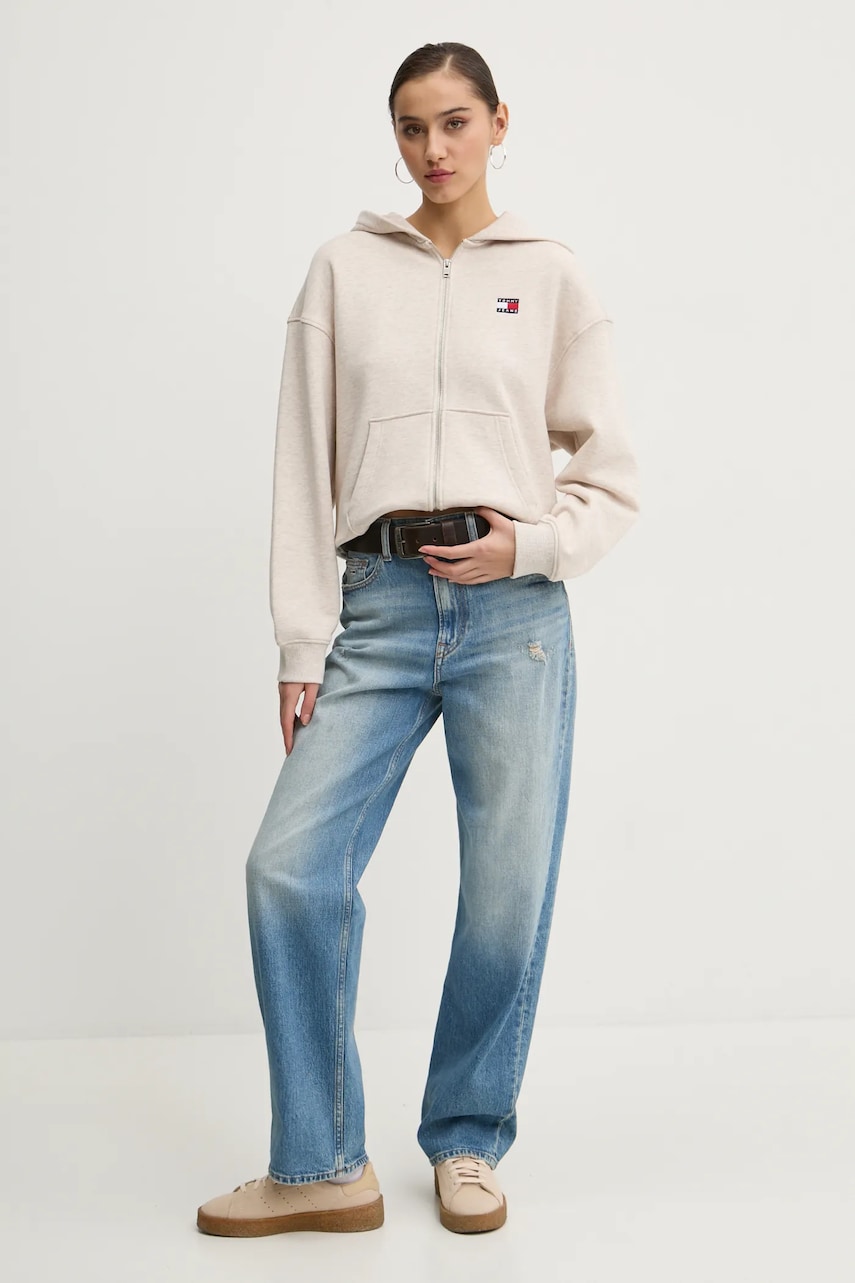 Хлопковая кофта Tommy Jeans женская цвет бежевый с капюшоном однотонная DW0DW19412 Хлопковая кофта Tommy Jeans женская цвет бежевый с капюшоном однотонная DW0DW19412