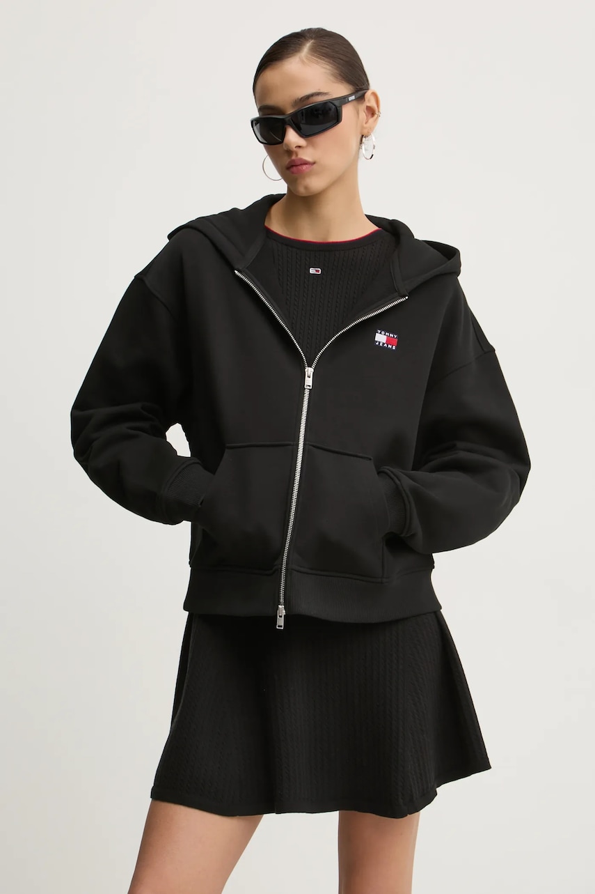 Tommy Jeans hanorac de bumbac femei, culoarea negru, cu glugă, uni, DW0DW19412 Tommy Jeans hanorac de bumbac femei, culoarea negru, cu glugă, uni, DW0DW19412