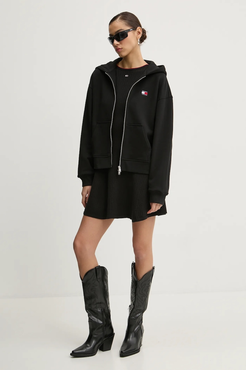 Хлопковая кофта Tommy Jeans женская цвет чёрный с капюшоном однотонная DW0DW19412 Хлопковая кофта Tommy Jeans женская цвет чёрный с капюшоном однотонная DW0DW19412