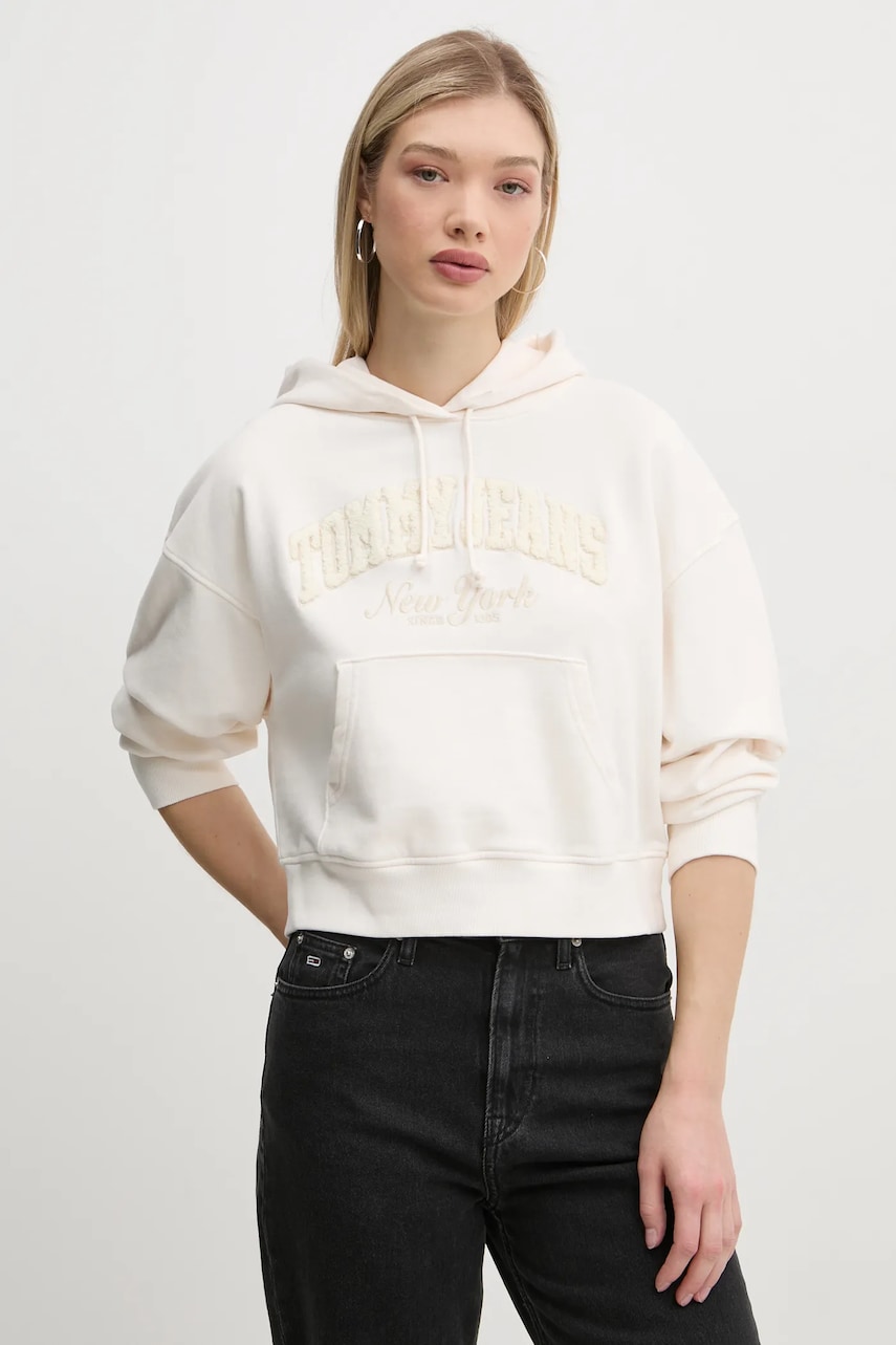 Tommy Jeans hanorac de bumbac femei, culoarea bej, cu glugă, cu imprimeu, DW0DW19413 Tommy Jeans hanorac de bumbac femei, culoarea bej, cu glugă, cu imprimeu, DW0DW19413