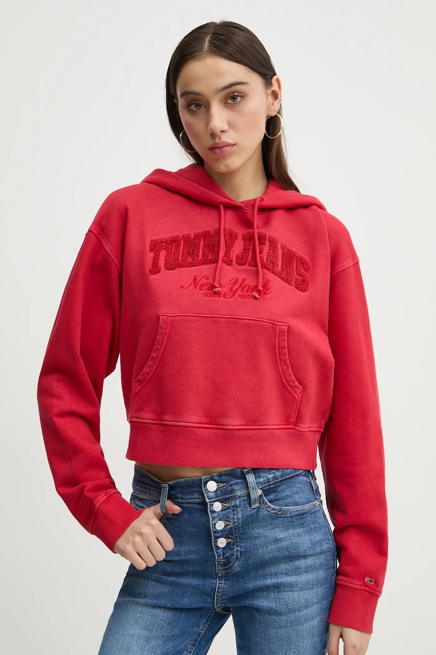 Tommy Jeans hanorac de bumbac femei, culoarea rosu, cu glugă, cu imprimeu, DW0DW19413 Tommy Jeans hanorac de bumbac femei, culoarea rosu, cu glugă, cu imprimeu, DW0DW19413