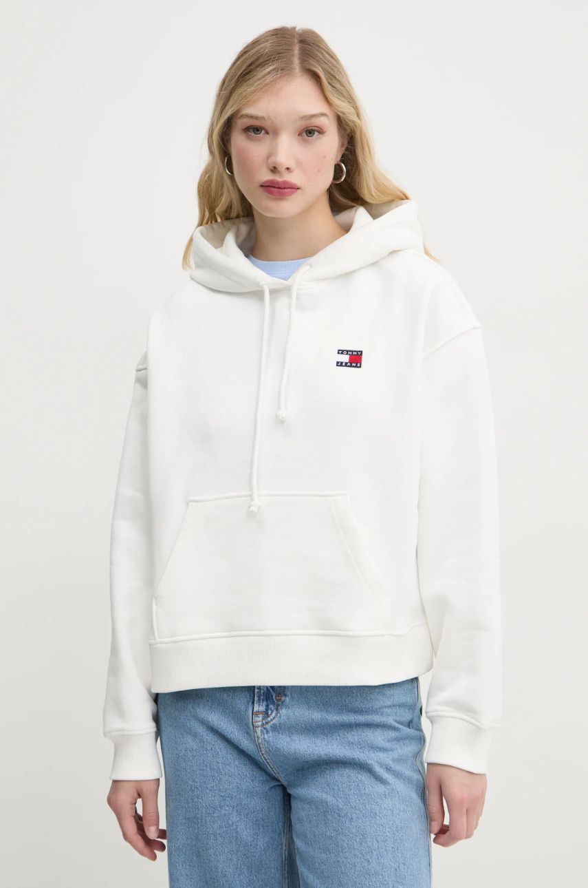 Tommy Jeans hanorac de bumbac femei, culoarea bej, cu glugă, cu imprimeu, DW0DW19414