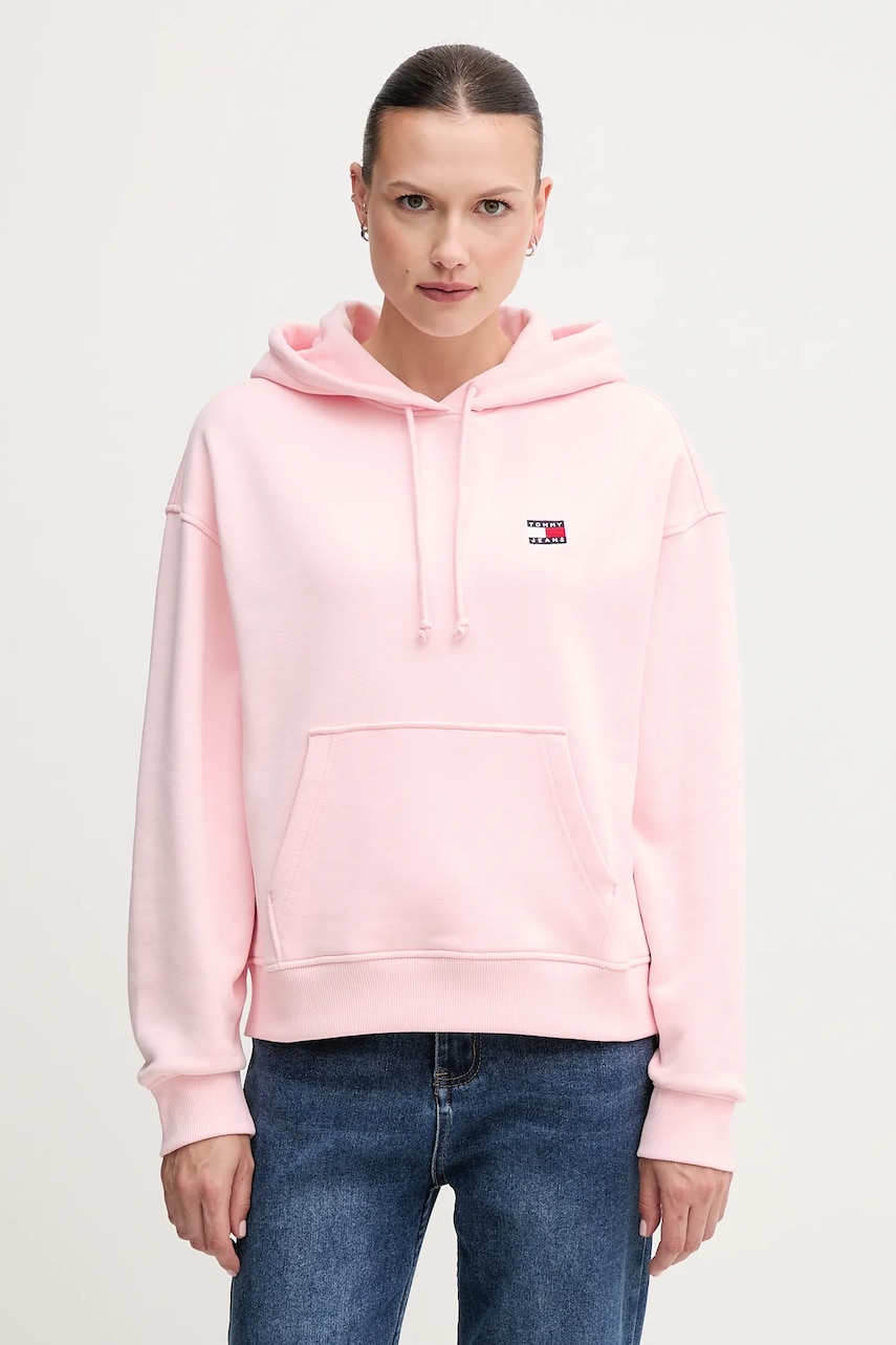 Tommy Jeans hanorac de bumbac femei, culoarea roz, cu glugă, cu imprimeu, DW0DW19414 Tommy Jeans hanorac de bumbac femei, culoarea roz, cu glugă, cu imprimeu, DW0DW19414